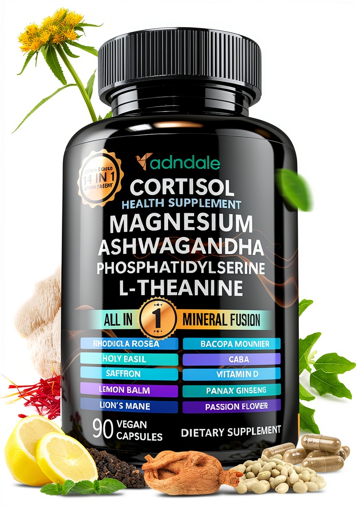 Cortisol supplement bottle with capsules displayed