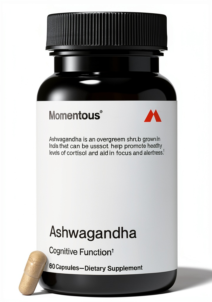 Momentous Ashwagandha supplement bottle and capsules on a wooden desk