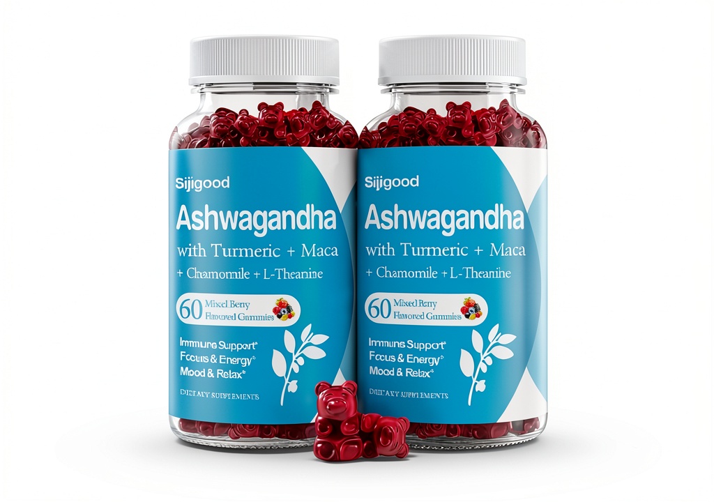 Mixed berry Ashwagandha gummies on a kitchen counter next to a laptop and a notebook