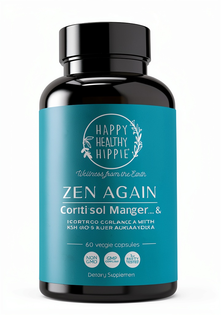 Zen Again cortisol support capsules displayed with natural ingredients