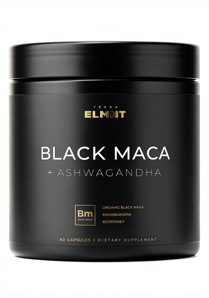 Real‑life context of ELMNT Black Maca Supplement Organic Root Capsules Men Women on a kitchen countertop