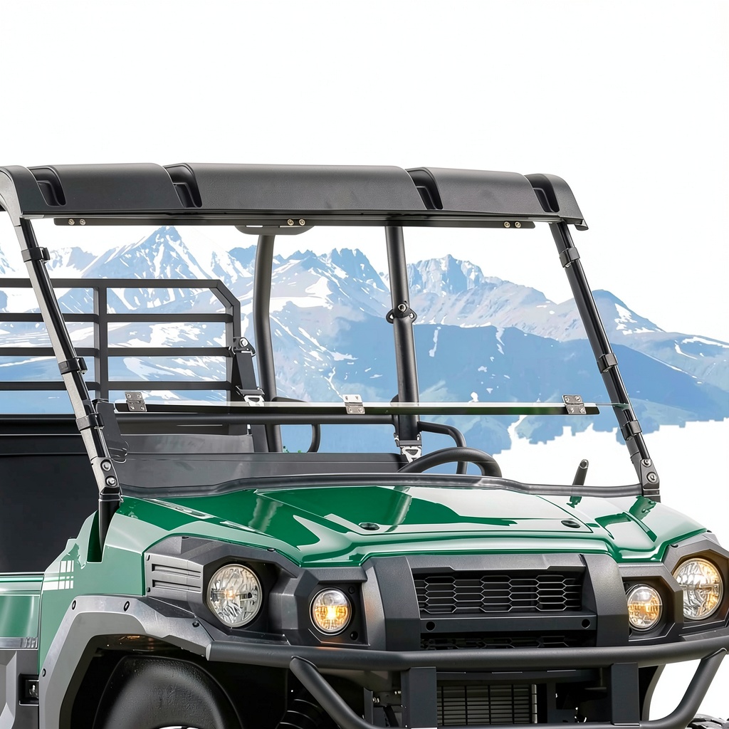 Mule Pro windshield installed on a Kawasaki UTV in a desert environment